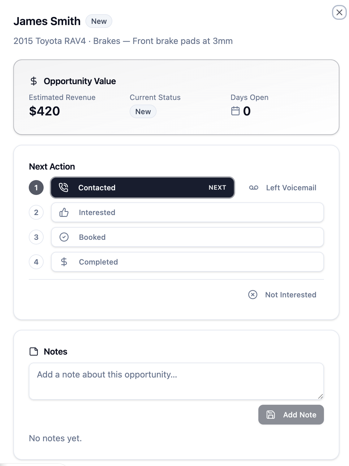 ZONIN Auto customer opportunity and next-action workflow.